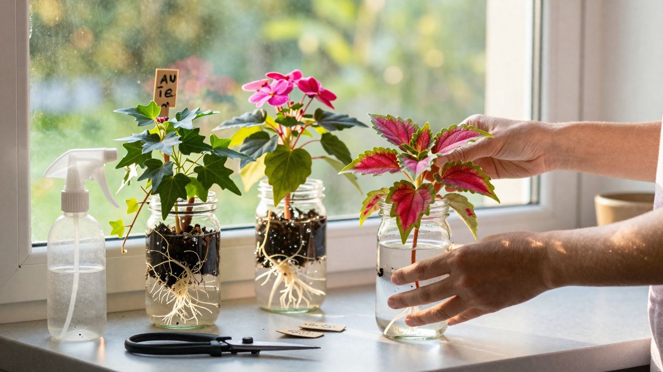 Mãos segurando planta com folhas vermelhas em jarro com água, ao lado de outras plantas em janela iluminada.