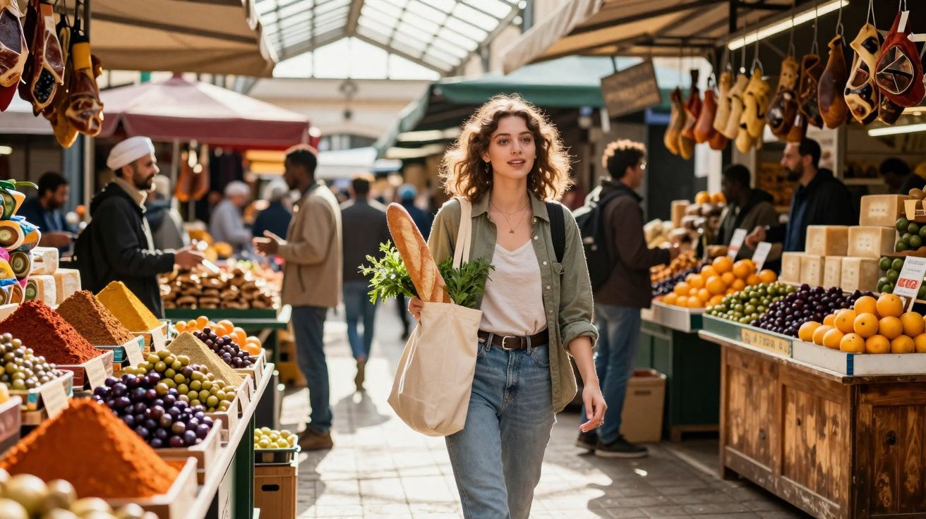 Mulher jovem caminhando por mercado ao ar livre com sacola contendo pão e verduras, cercada de frutas e temperos.