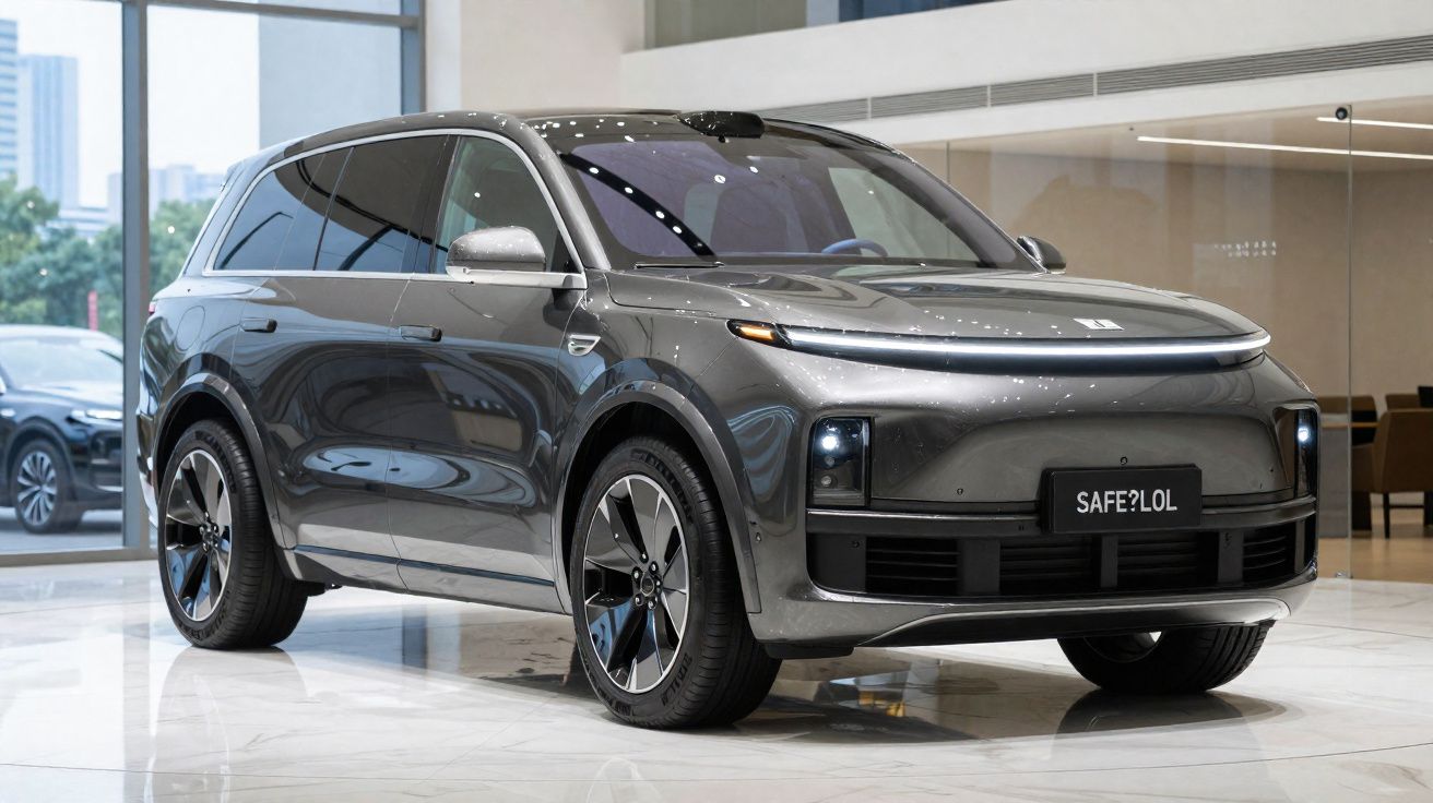 SUV elétrico cinza estacionado em showroom moderno com piso branco brilhante.