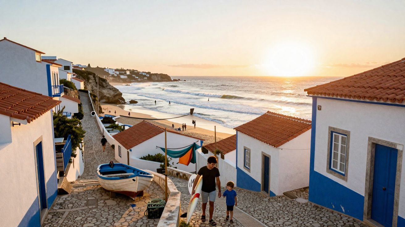 Casas brancas com telhados vermelhos e homens caminhando em rua perto da praia ao pôr do sol.