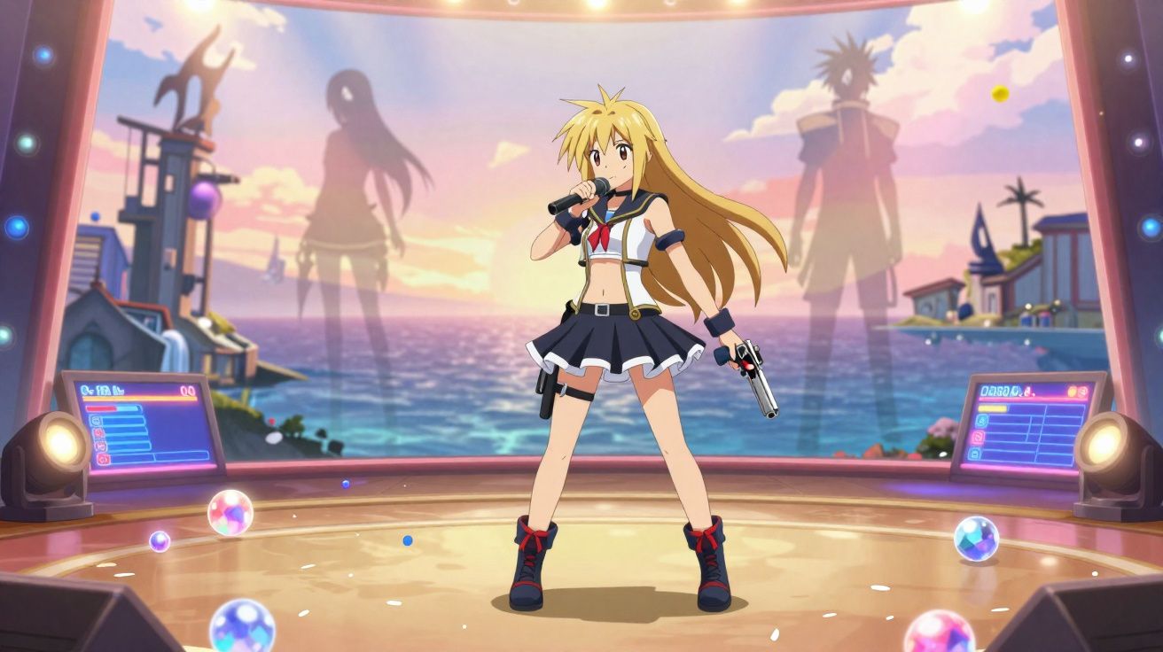Garota anime loira com microfone e arma em palco com vista para o mar ao pôr do sol.