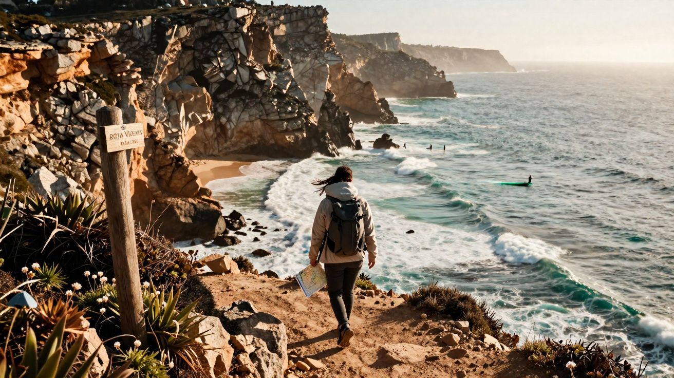 Pessoa caminhando por trilha à beira de falésia com vista para mar e ondas quebrando na praia abaixo.