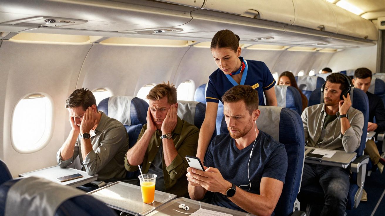 Comissária auxiliando passageiros dentro da cabine de um avião durante voo.