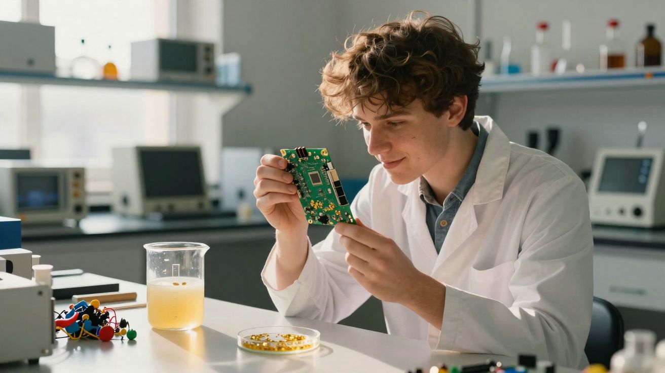 Jovem cientista em laboratório analisa placa eletrônica usando jaleco branco.