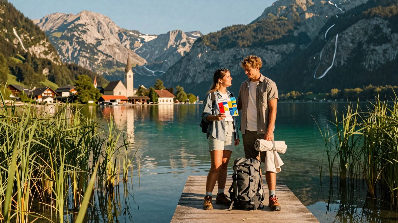 Casal jovem com mochila e mapa em pier, lago e montanhas ao fundo em vila charmosa.
