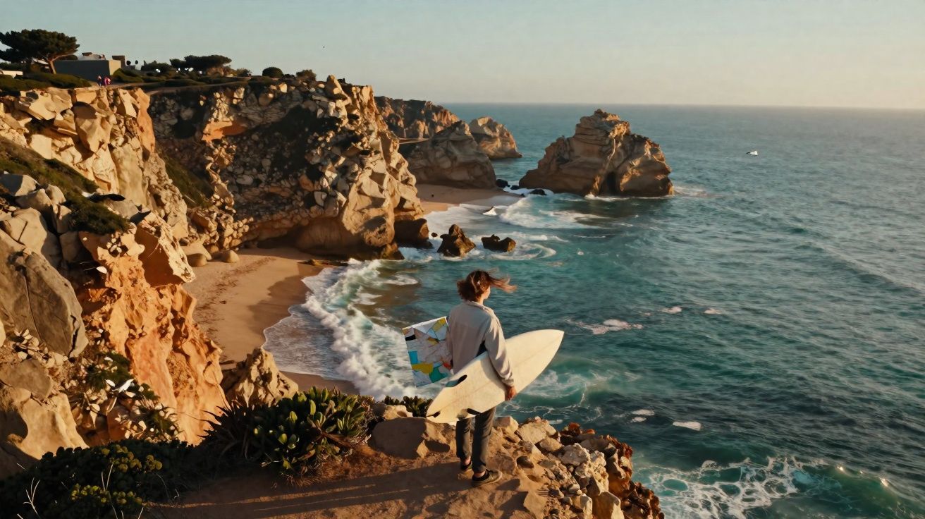 Pessoa com prancha de surf observa o mar azul e falésias rochosas ao entardecer em praia calma.
