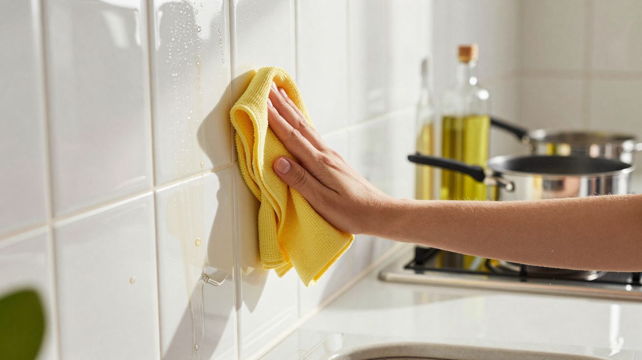 Mão limpando azulejo branco da cozinha com pano amarelo ao lado do fogão com panelas e vidro de azeite.