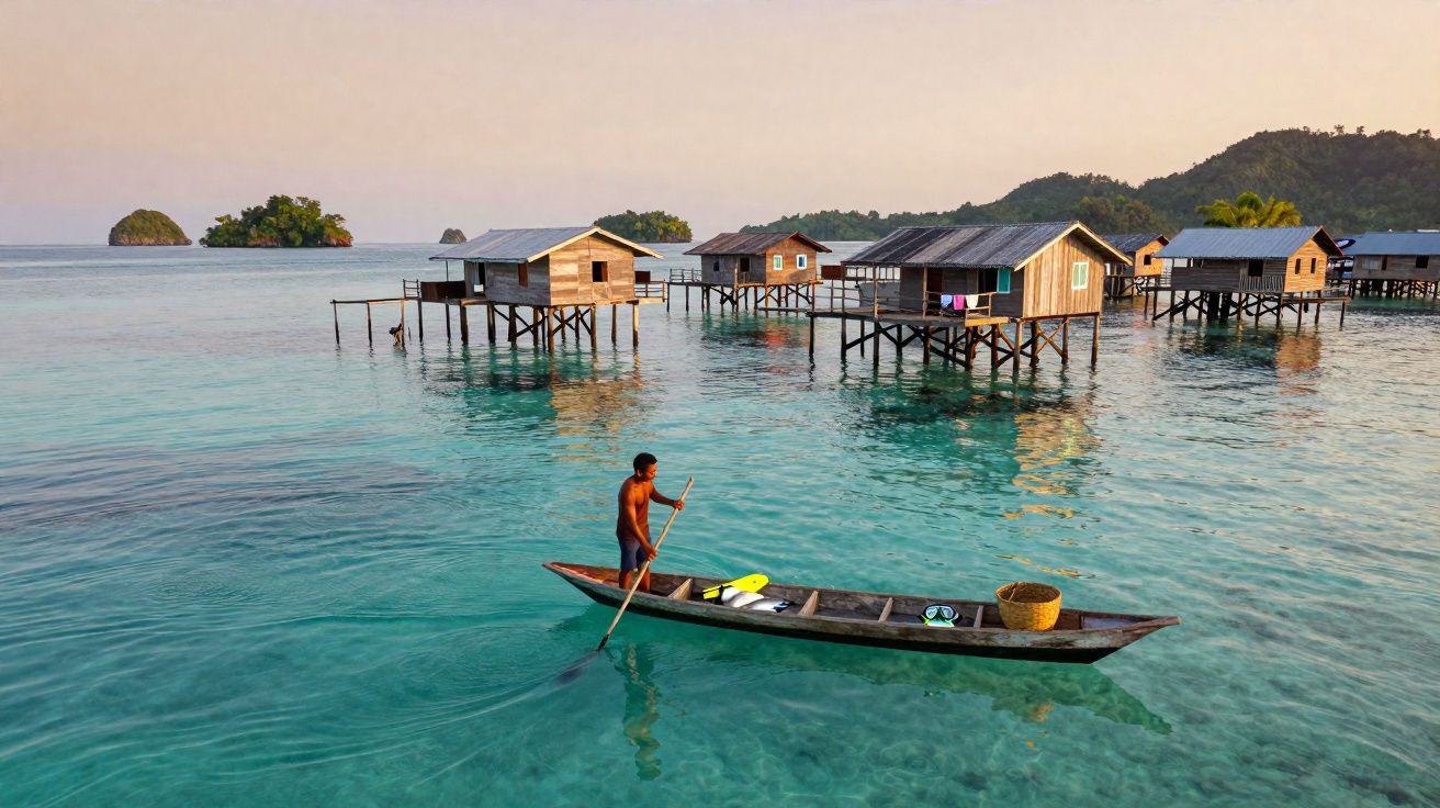 Homem remando canoa em águas cristalinas com casas de palafitas e ilhas ao fundo.
