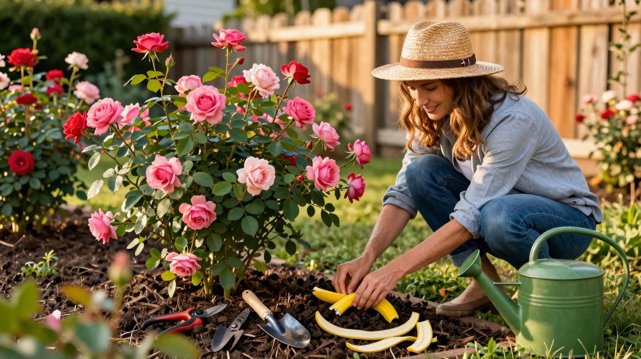Mulher sorrindo cuidando de rosas cor-de-rosa no jardim com ferramentas de jardinagem e regador verde.