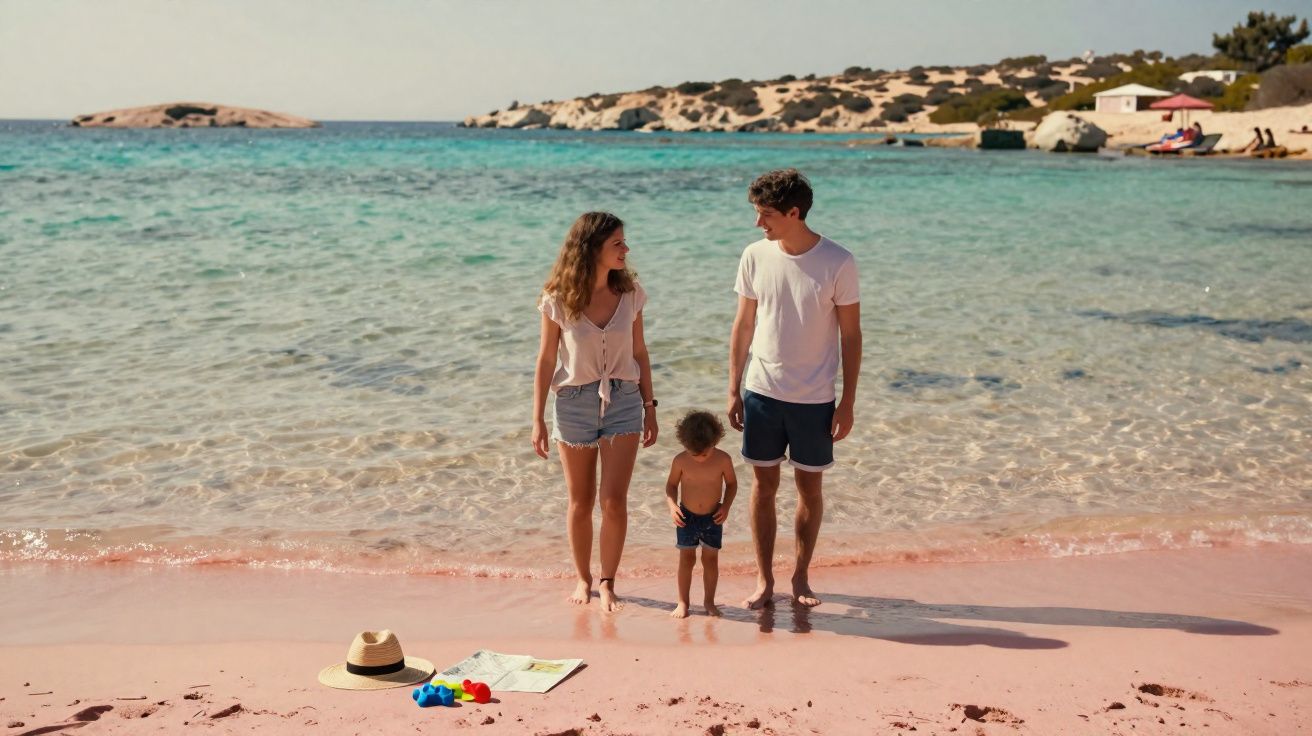 Família com duas crianças pequenas caminhando na praia com mar azul e areia rosa ao fundo.