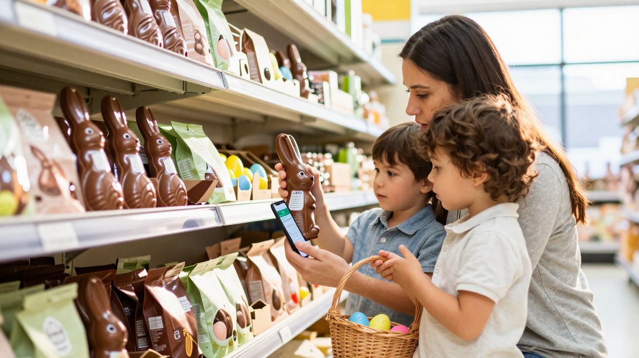 Mulher e duas crianças escolhem coelhos de chocolate em prateleira de supermercado com cesta colorida.