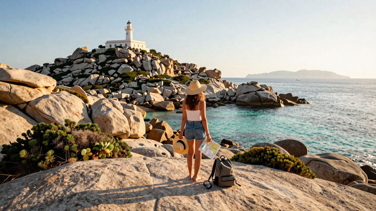 Mulher com chapéu de palha e mochila observa farol branco sobre pedras à beira do mar ao pôr do sol.