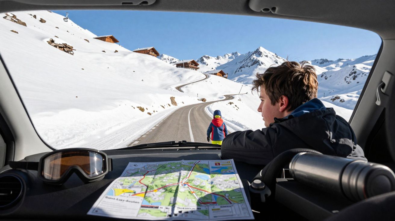 Interior de carro com mapa no painel, menino olhando pela janela e estrada nevada com montanhas ao fundo.