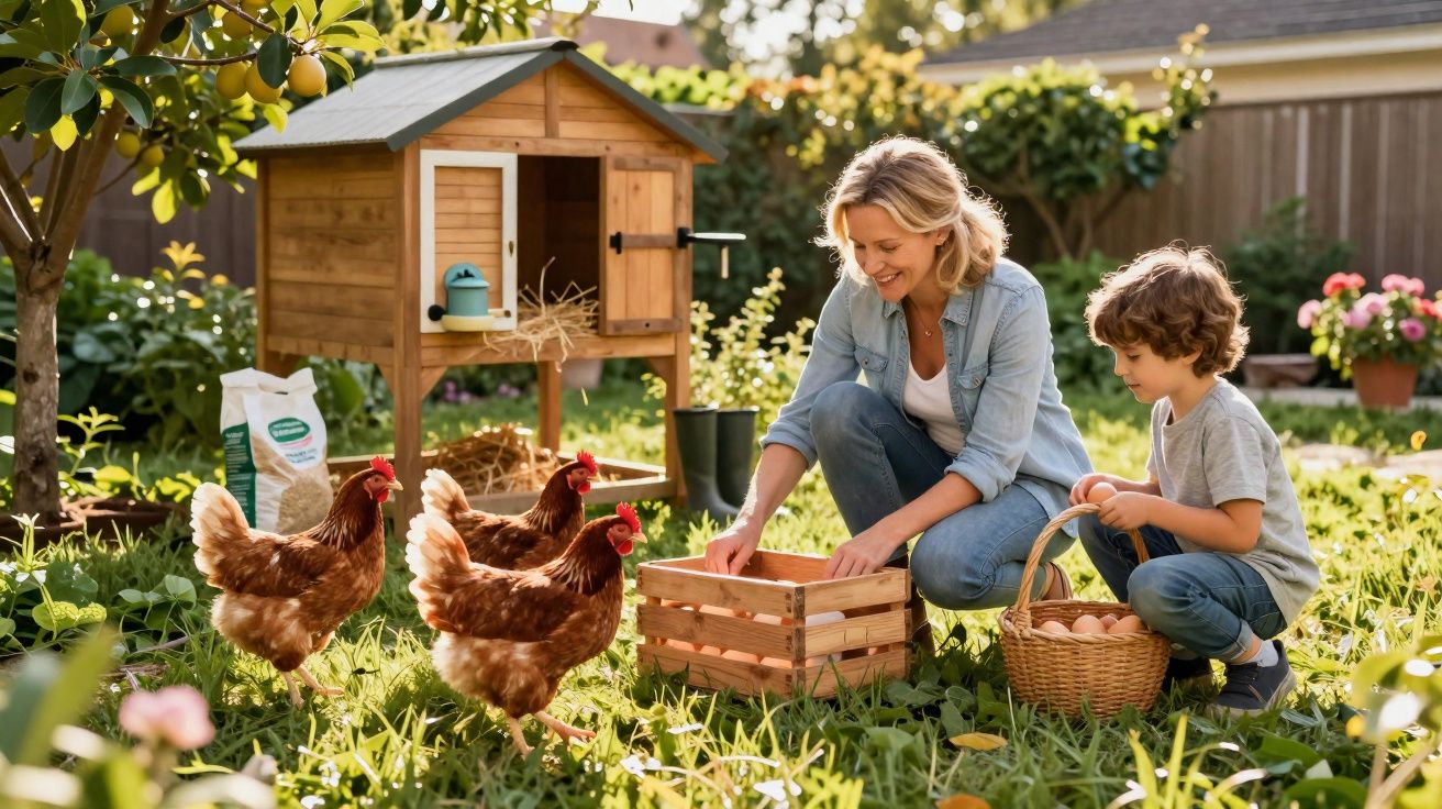 Mulher e menino coletam ovos em cesta no jardim perto do galinheiro com galinhas ao redor.