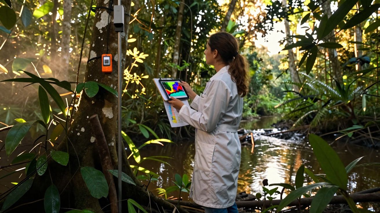 Pesquisadora em jaleco utiliza tablet para analisar dados ambientais em área de floresta próxima a rio.