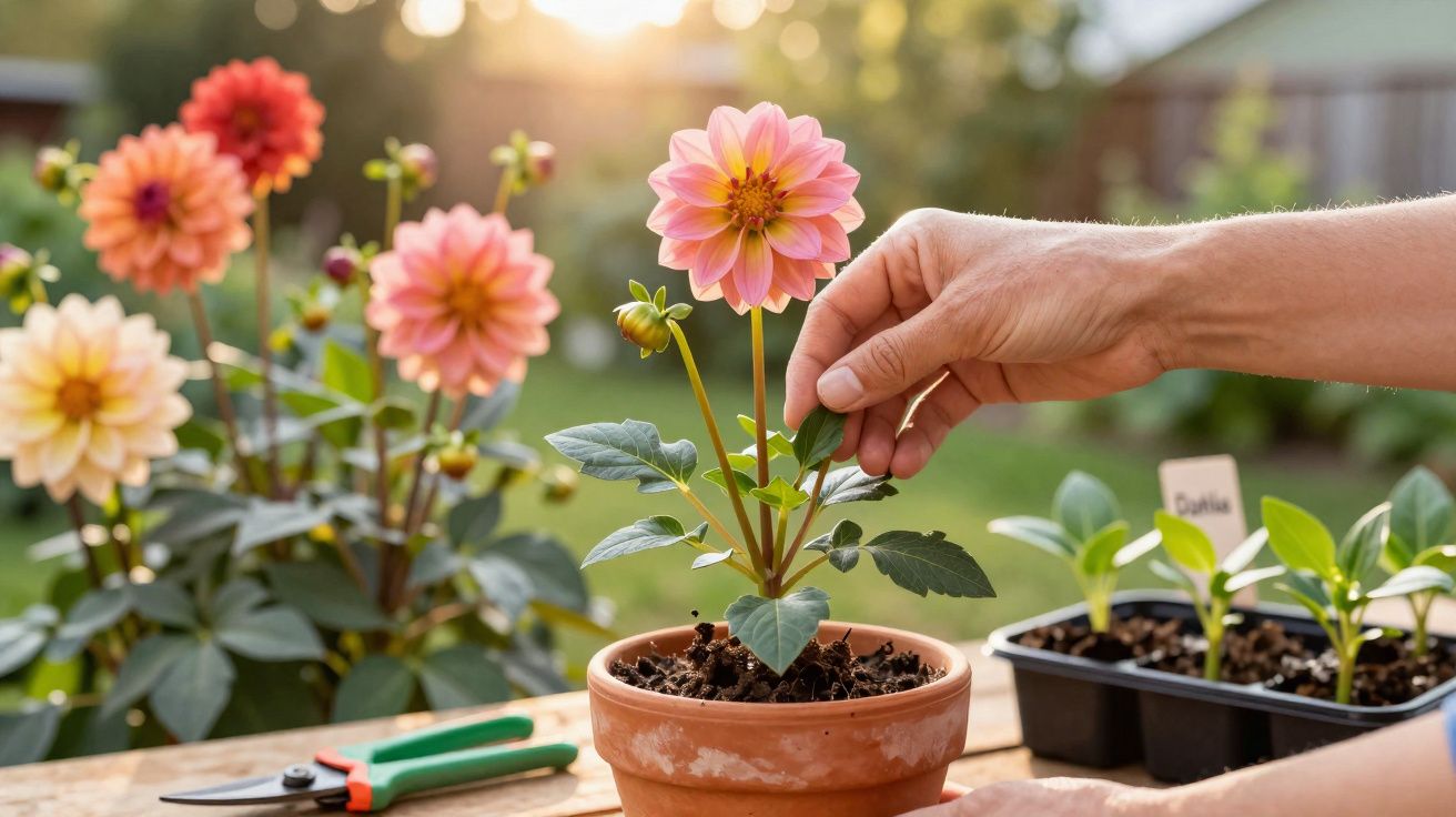 Mão cuidadosa podando dália rosa em vaso de barro, com outras flores e ferramentas de jardinagem ao fundo.