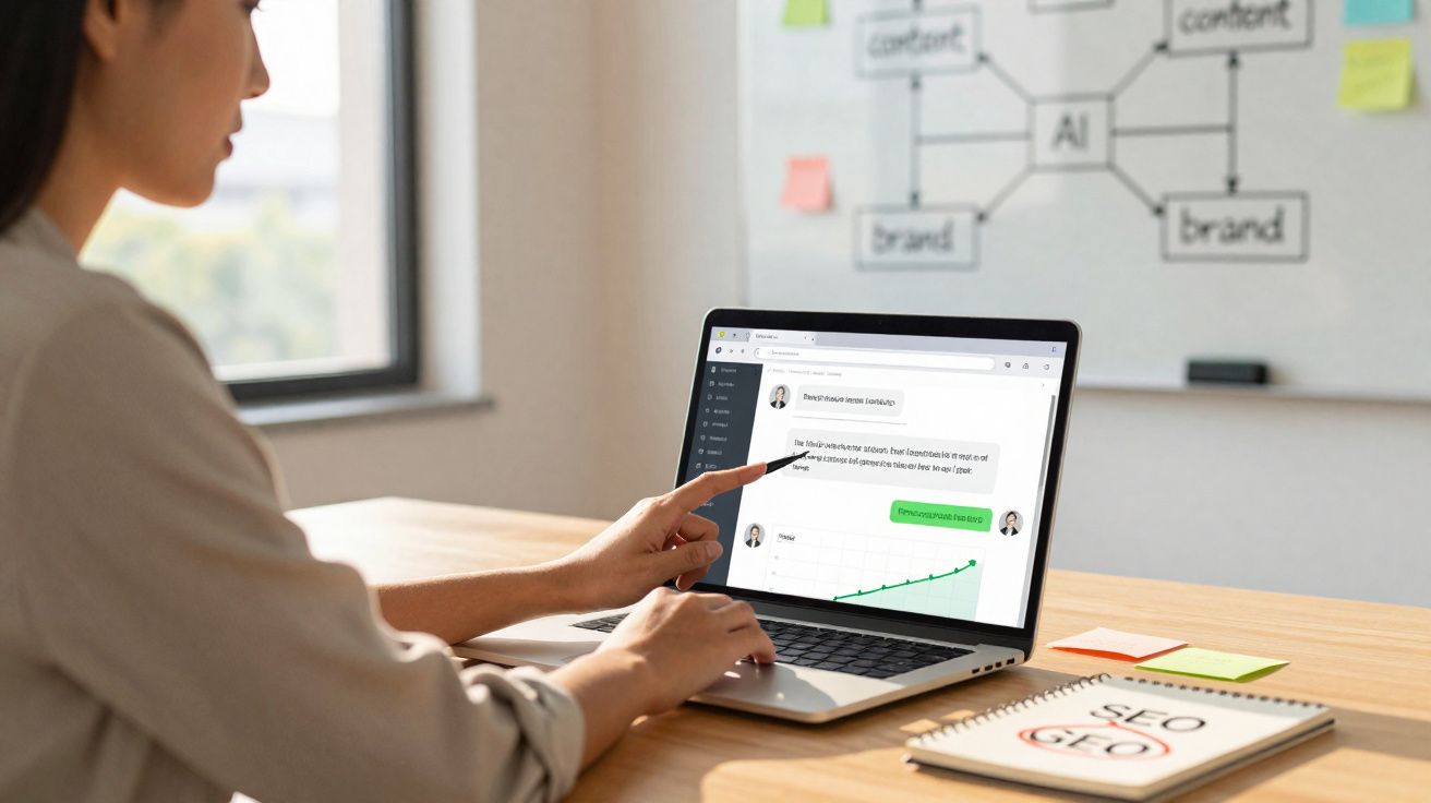 Mulher apontando para gráfico no laptop enquanto trabalha em mesa com notebook SEO e quadro branco ao fundo.