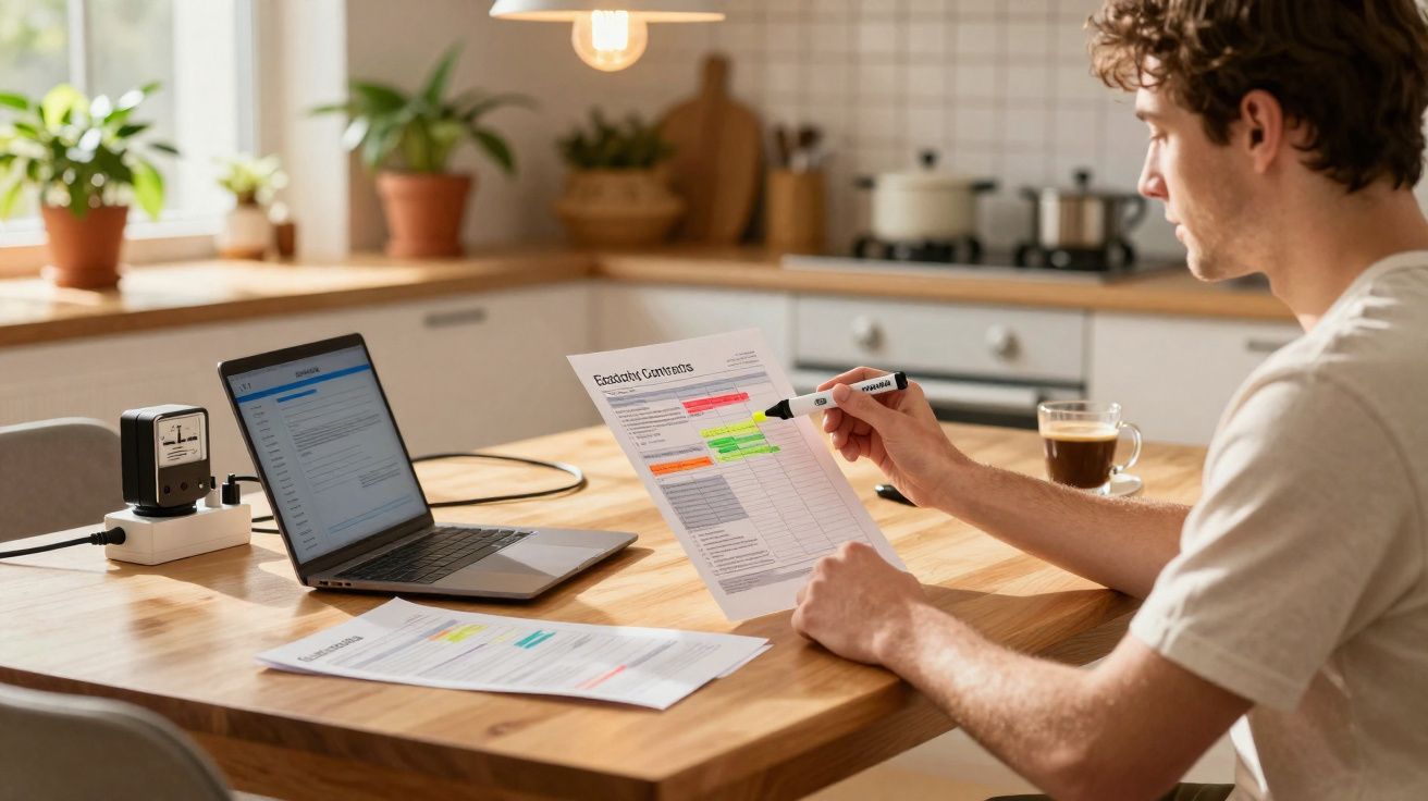 Homem analisando documentos com marcações coloridas sentado à mesa com laptop e café na cozinha.