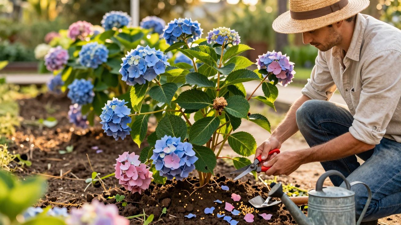 Homem com chapéu cuidando de hortênsias coloridas em jardim ensolarado.