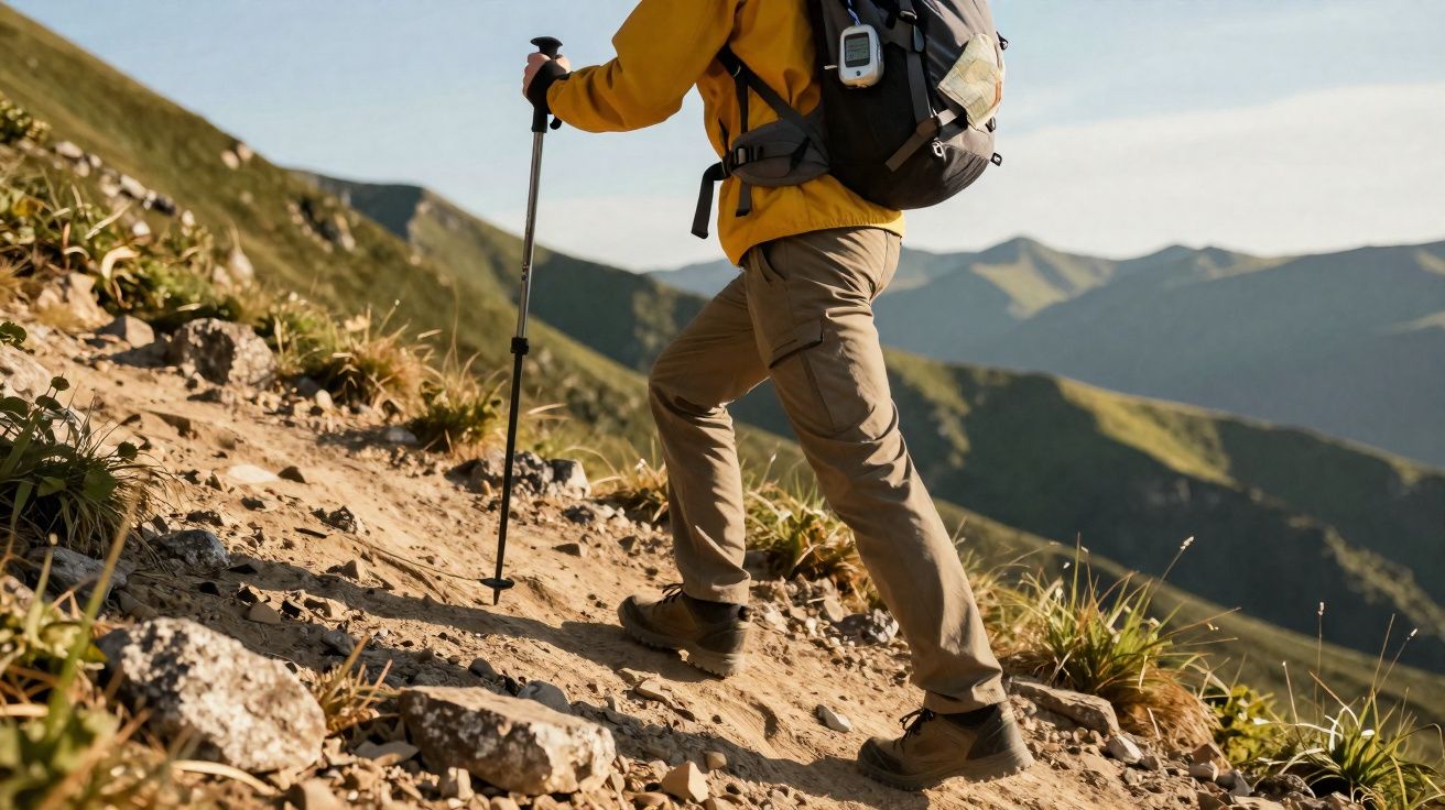 Pessoa caminhando em trilha íngreme com bastões de caminhada em área montanhosa ao amanhecer.