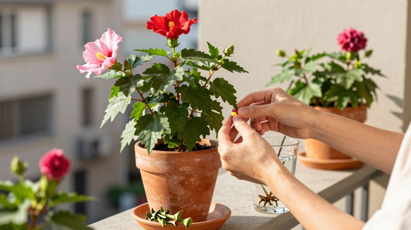 Mãos cuidando de flores vermelha e rosa em vaso de cerâmica em varanda iluminada pelo sol.
