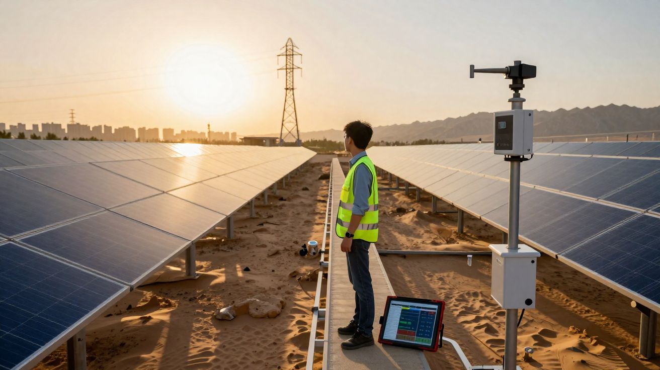 Homem com colete refletivo observa painel solar ao pôr do sol em área desértica com equipamentos tecnológicos.