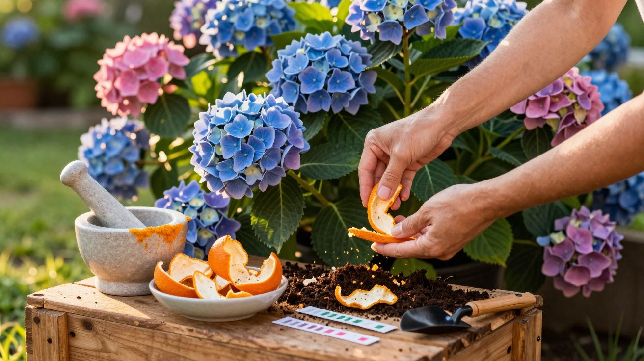 Mãos colocando cascas de laranja na terra perto de hortênsias azuis e rosas para adubo caseiro.