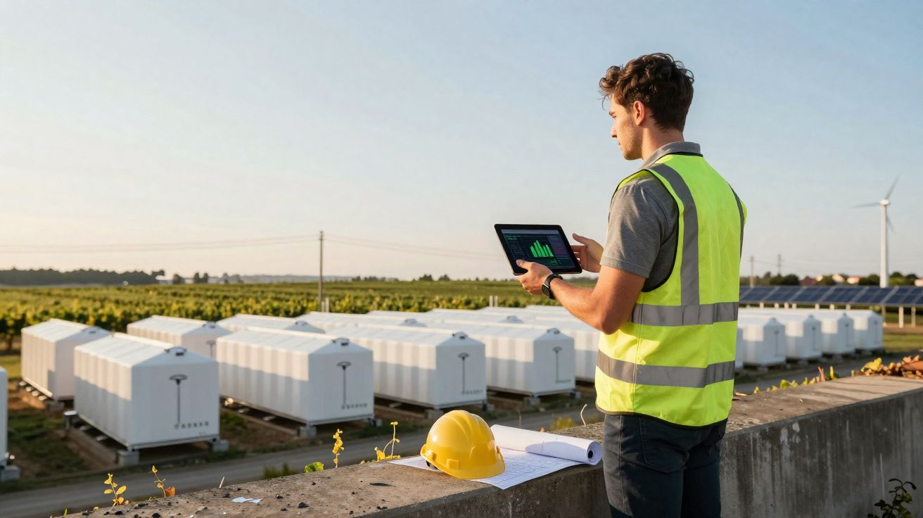 Homem com colete refletivo usando tablet em campo com turbinas eólicas e unidades industriais brancas ao fundo.