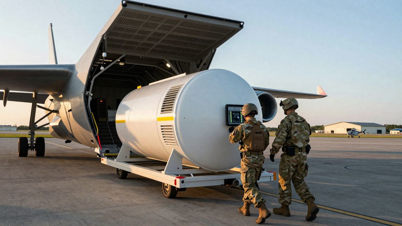Dois soldados em uniforme militar próximos a um grande equipamento cilíndrico sendo carregado em avião de carga.