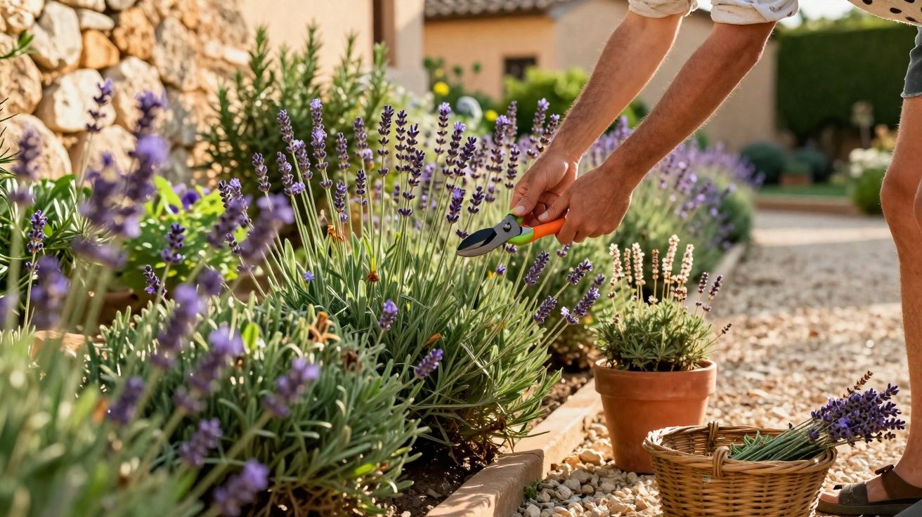 Pessoa podando flores de lavanda em jardim com cesta e vaso ao lado em dia ensolarado.