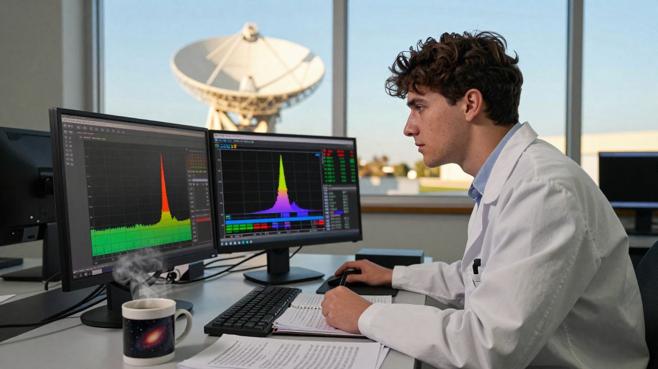 Cientista analisa dados em gráficos coloridos no computador com antena parabólica ao fundo em laboratório.