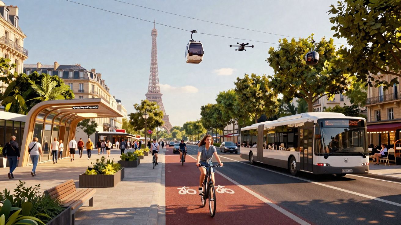 Rua movimentada em Paris com ciclistas, ônibus, bondinho aéreo e a Torre Eiffel ao fundo em dia ensolarado.