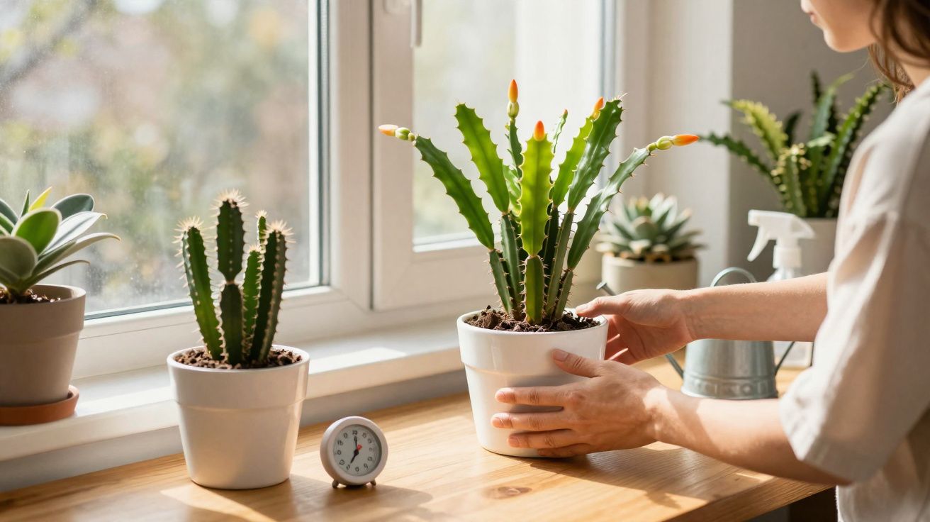 Pessoa cuidando de plantas suculentas em vasos na bancada próxima à janela iluminada.