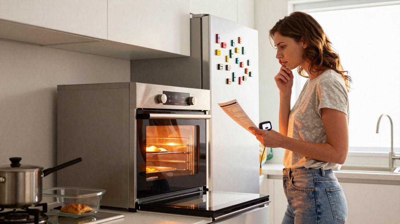 Mulher olhando receita e observando alimentos assando em forno elétrico na cozinha moderna.