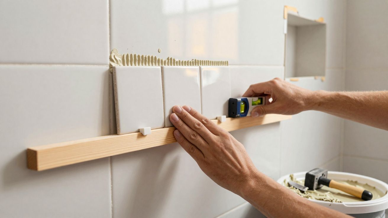Mãos instalando azulejos brancos na parede, usando nível e guia de madeira para alinhamento.