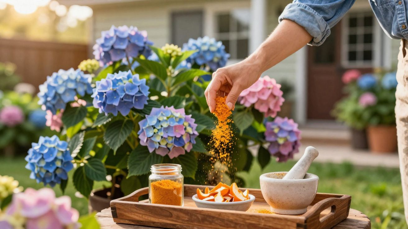 Pessoa aplicando pó amarelo em frutas, com vasos de hortênsias coloridas ao fundo em jardim ensolarado.