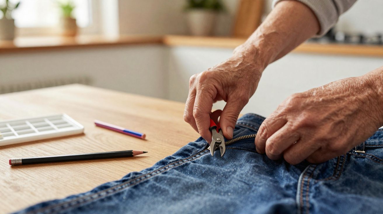 Pessoa usando alicate para consertar o zíper de uma calça jeans em uma mesa de madeira.