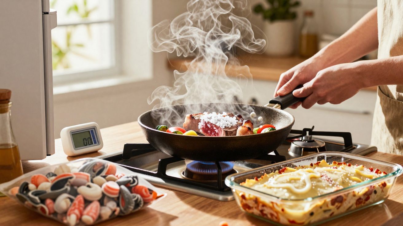 Pessoa cozinhando bife em frigideira com legumes no fogão a gás, ao lado de assado e utensílios na cozinha.