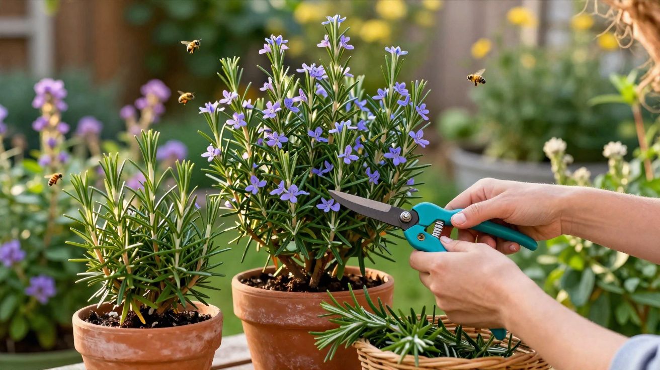 Pessoa podando plantas com flores roxas em vasos de terracota ao ar livre, com abelhas voando ao redor.
