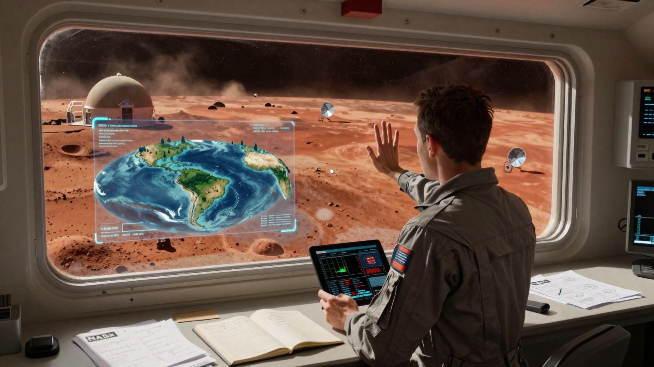 Astronauta observa holograma da Terra em estação na superfície marciana com instrumentos e documentos.