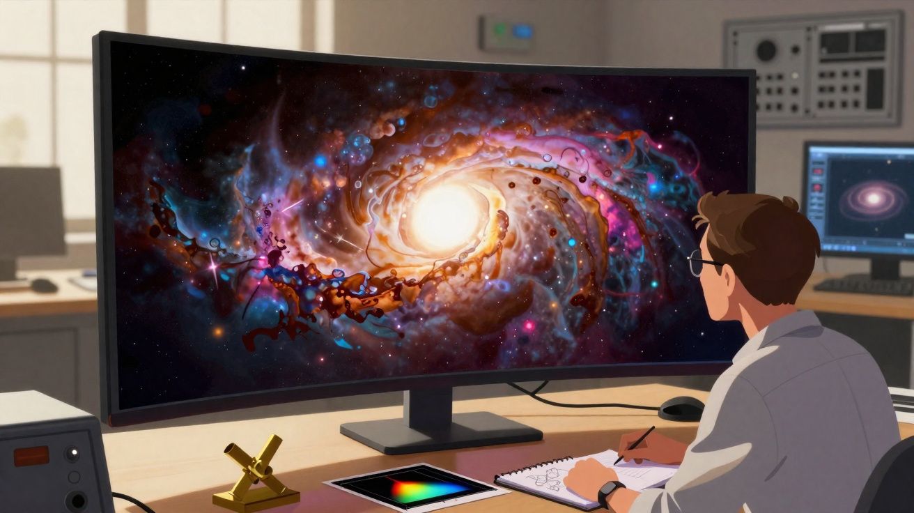 Homem desenhando uma galáxia colorida em monitor curvo em ambiente de laboratório ou escritório.