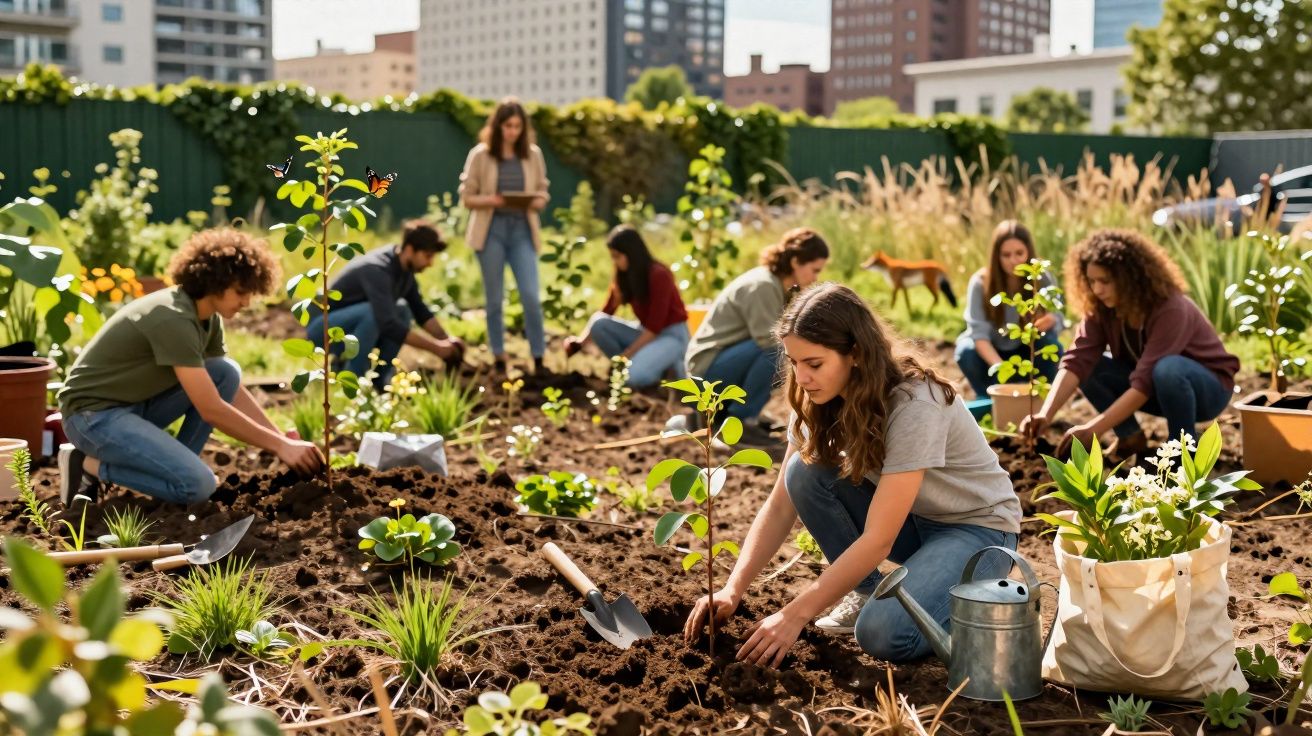 Grupo de pessoas plantando mudas em horta comunitária urbana em dia ensolarado, com prédios ao fundo.