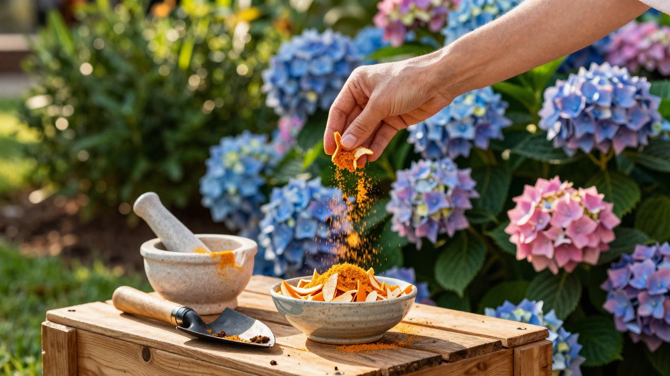 Mão derramando pó laranja sobre tigela com cascas secas, ao lado de pilão e espátula em madeira, flores ao fundo.