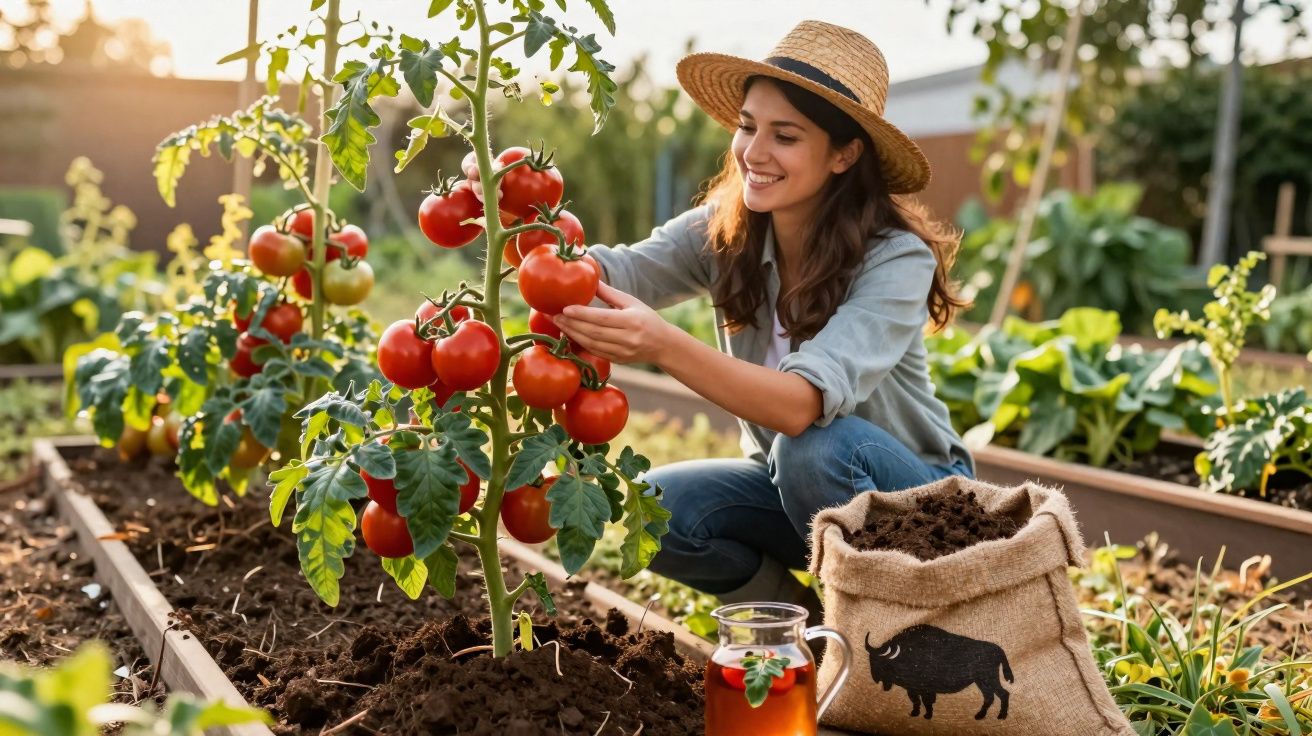 Mulher colhendo tomates maduros em horta urbana ao ar livre com chapéu de palha ao entardecer.