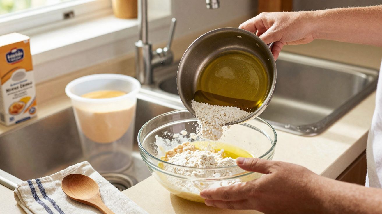 Pessoa despejando farinha em tigela de vidro com ingredientes para receita na cozinha.