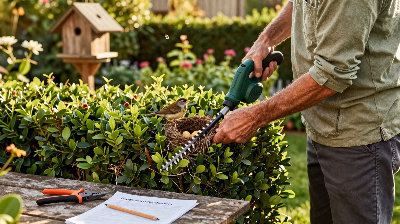 Pessoa podando arbusto com podador elétrico próximo a ninho de pássaro com ovos e pássaro no jardim.