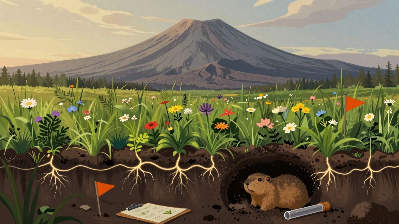 Ilustração de campo florido com raízes expostas, pequena toca de animal e montanha ao fundo.