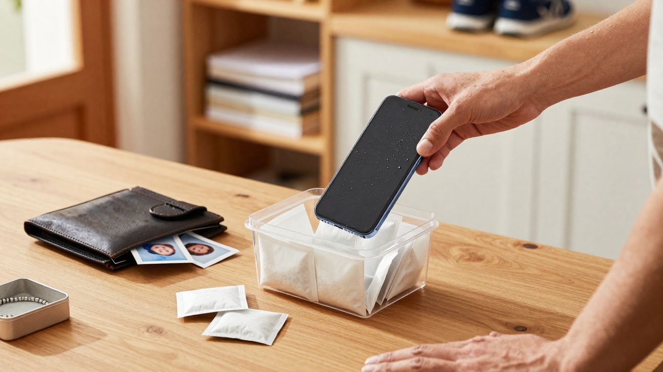 Pessoa colocando celular úmido dentro de recipiente com sachês dessecantes sobre mesa de madeira.