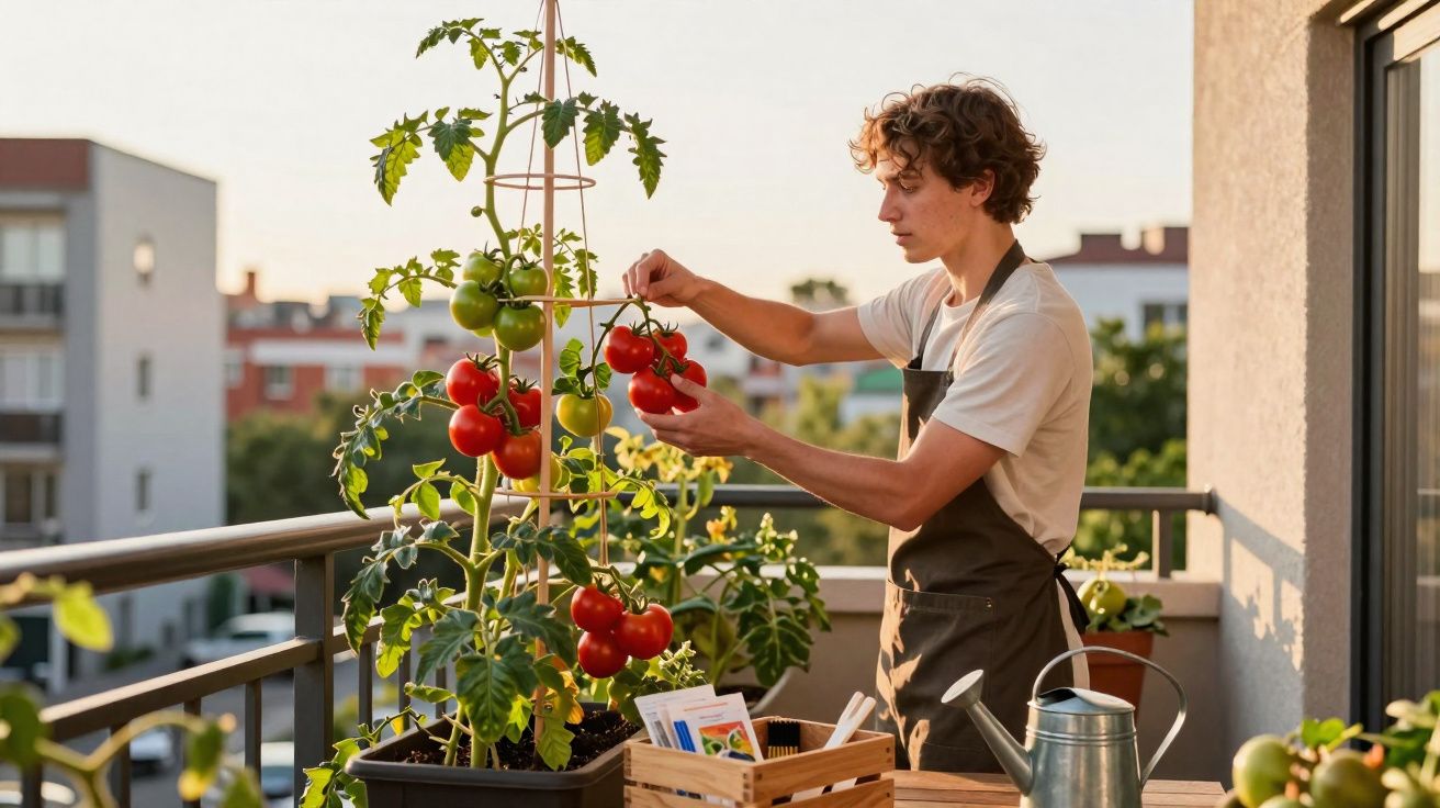 Jovem colhendo tomates maduros em vasos na sacada de apartamento ao pôr do sol.
