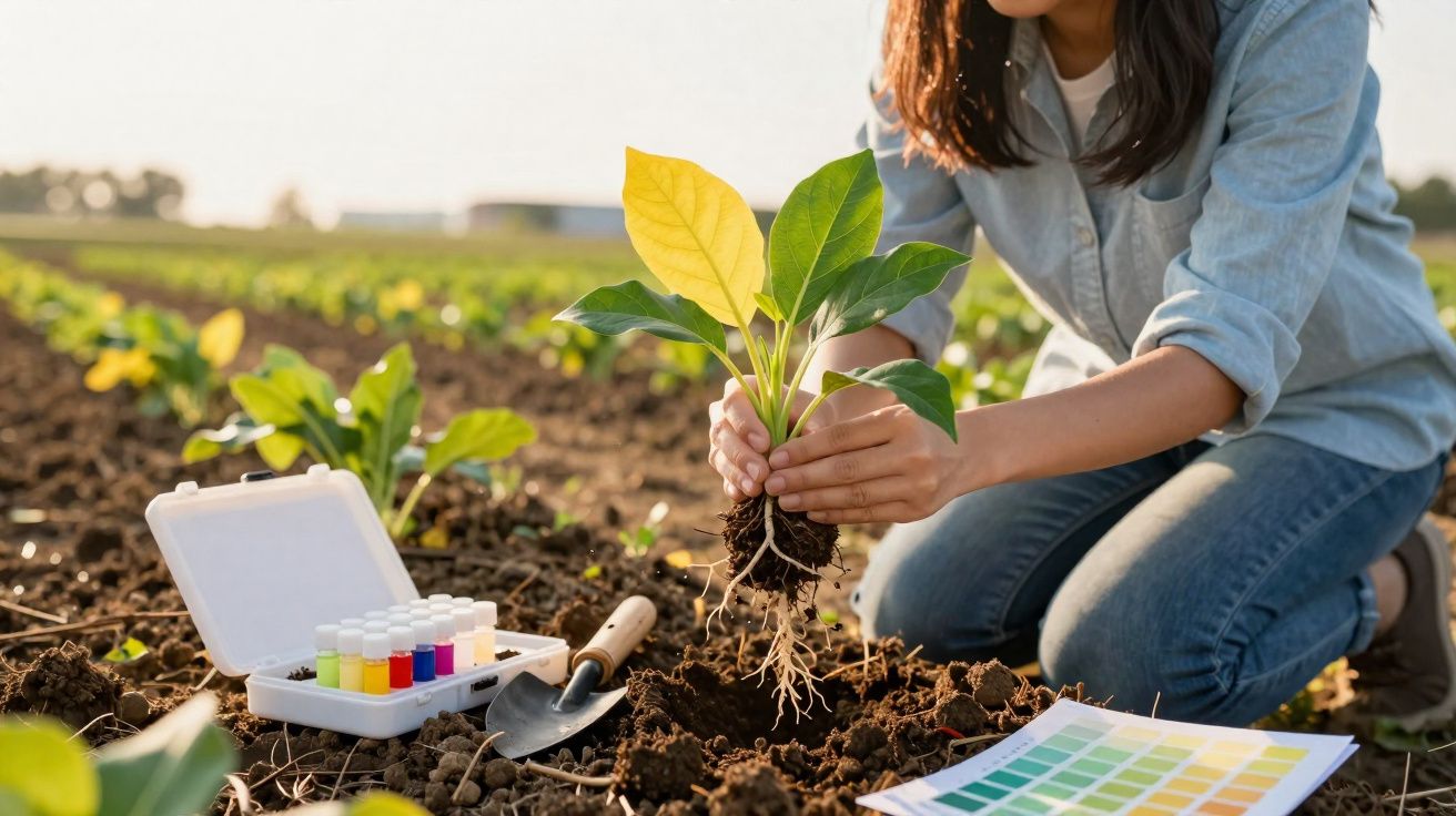 Pessoa ajoelhada plantando muda enquanto analisa solo e cor das folhas em campo aberto ao pôr do sol.